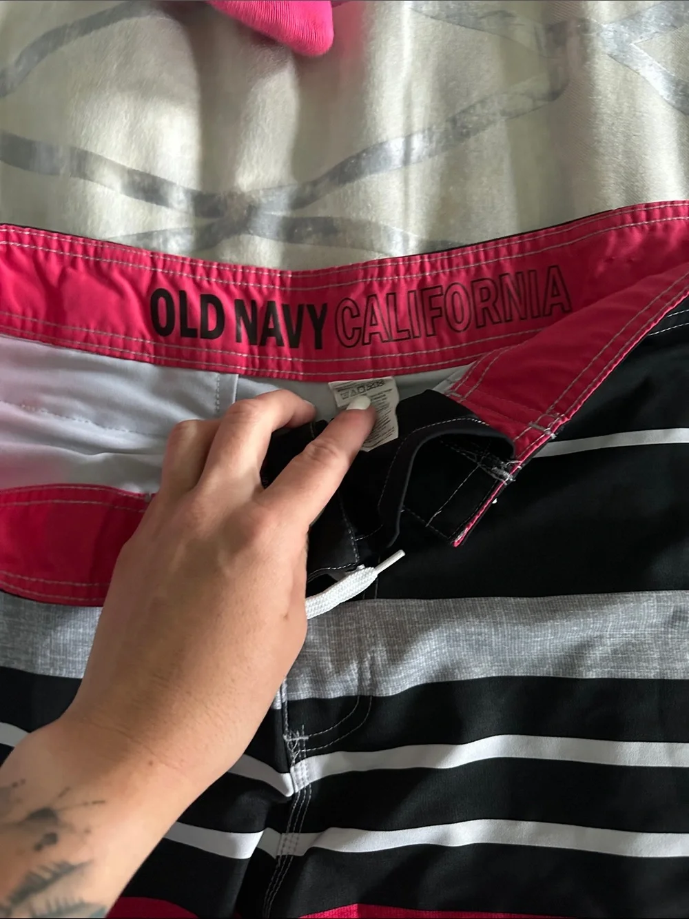 Old Navy Black, Gray & Red Striped Swim Board Shorts